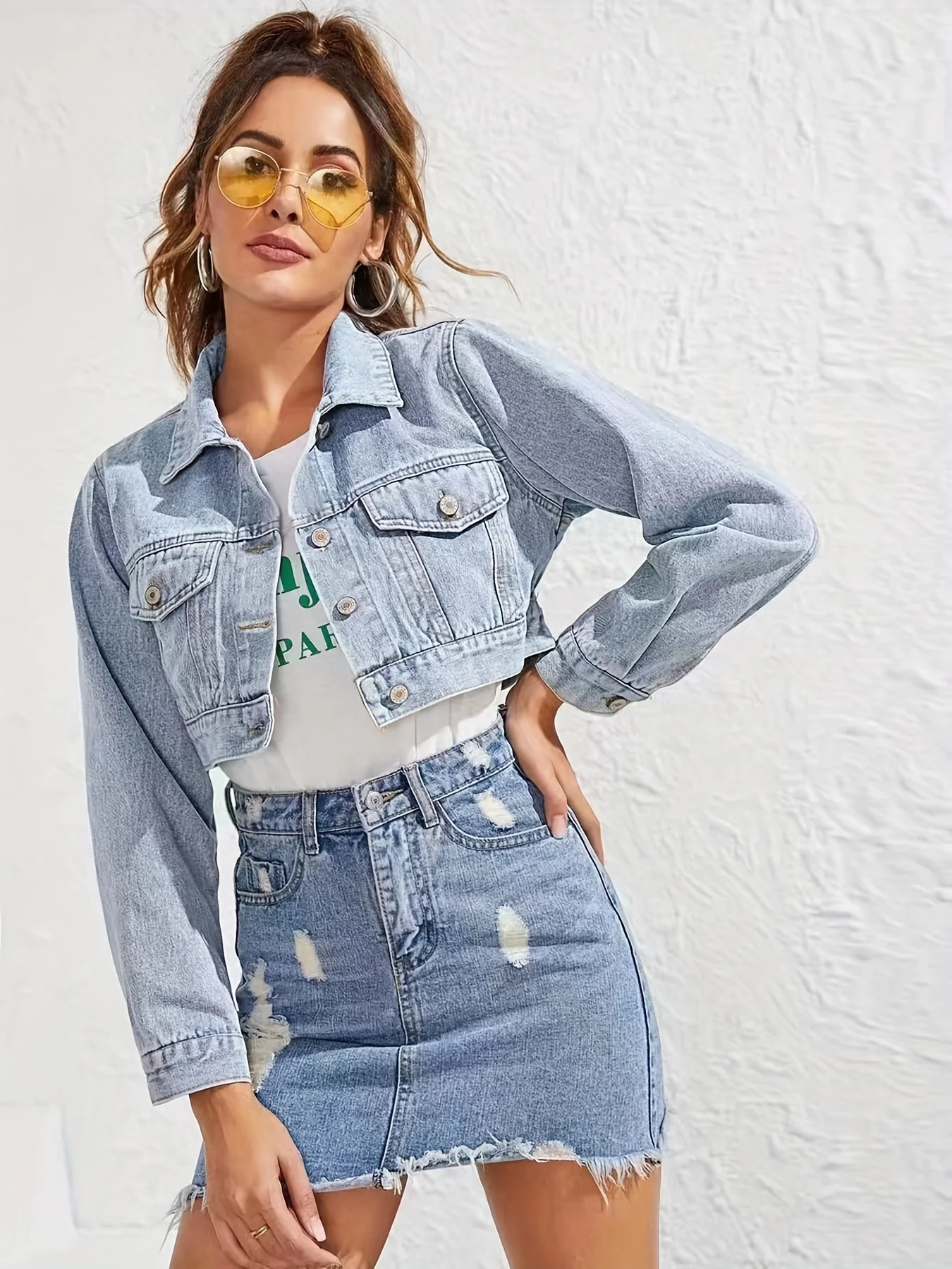 deanwangkt-1  Blue Long Sleeves Denim Jackets, Flap Pockets Single-Breasted Button Lapel Cropped Denim Coats, Women's Denim Clothing - Deanwangkt
