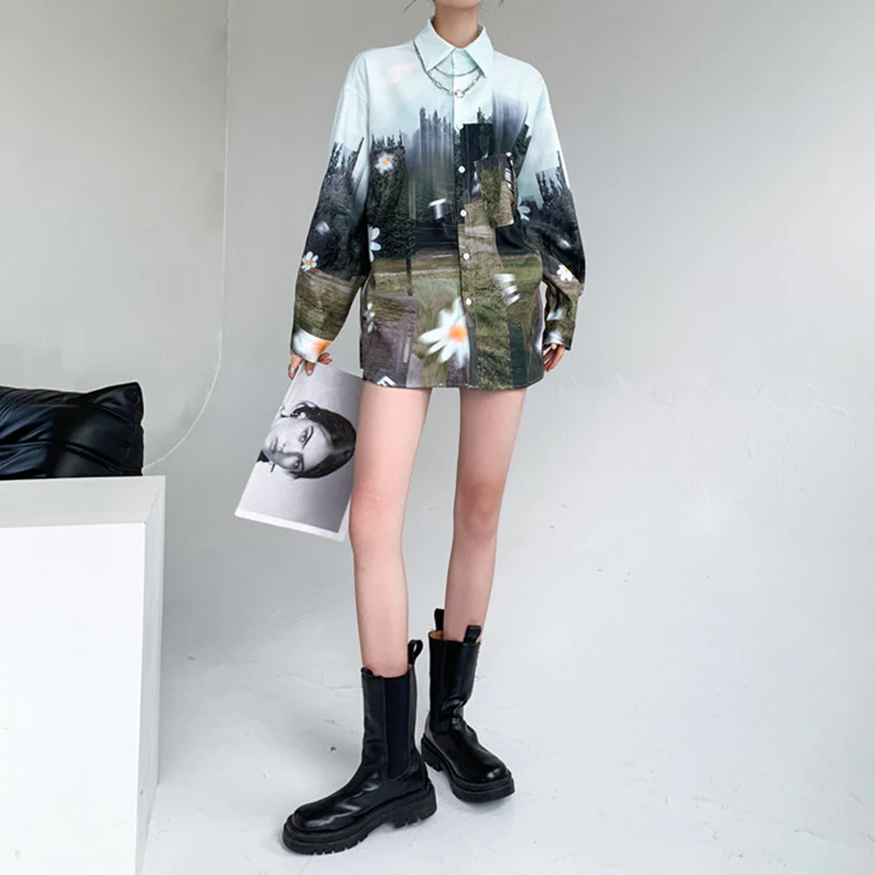 deanwangkt Summer Spring oversized Women Man Blouses oil Printing shirts Harajuku Tops Long Sleeve Couple's Streetwear Blusas Mujer - Deanwangkt