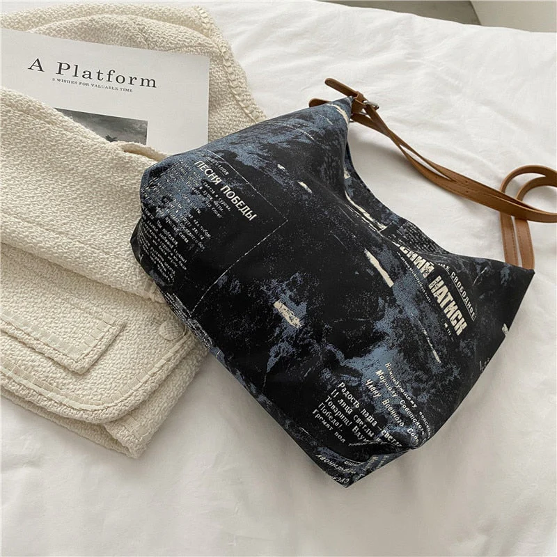 deanwangkt New Shoulder Bag For Women Newspaper Print Oxford Handbags PU Leather Straps Bucket Bag Ladies Tote Bag Hand Bags Bolsos - Deanwangkt