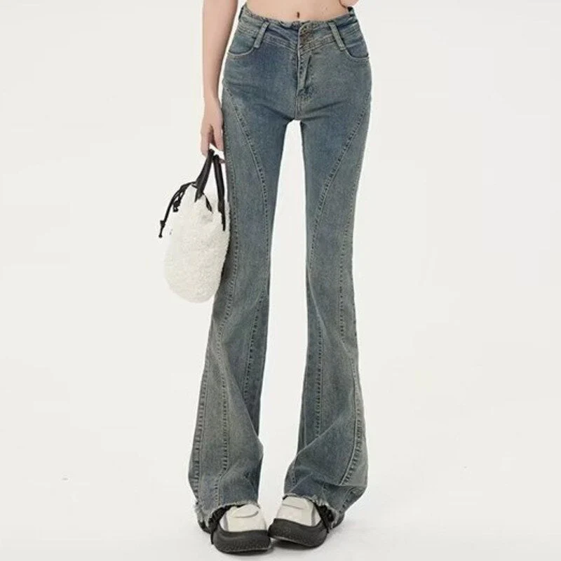 deanwangkt Small American Retro Micro Flared Jeans For Women With A Sense Of Design, Niche High Waisted And Slim, Versatile Floor Mop Pants - Deanwangkt