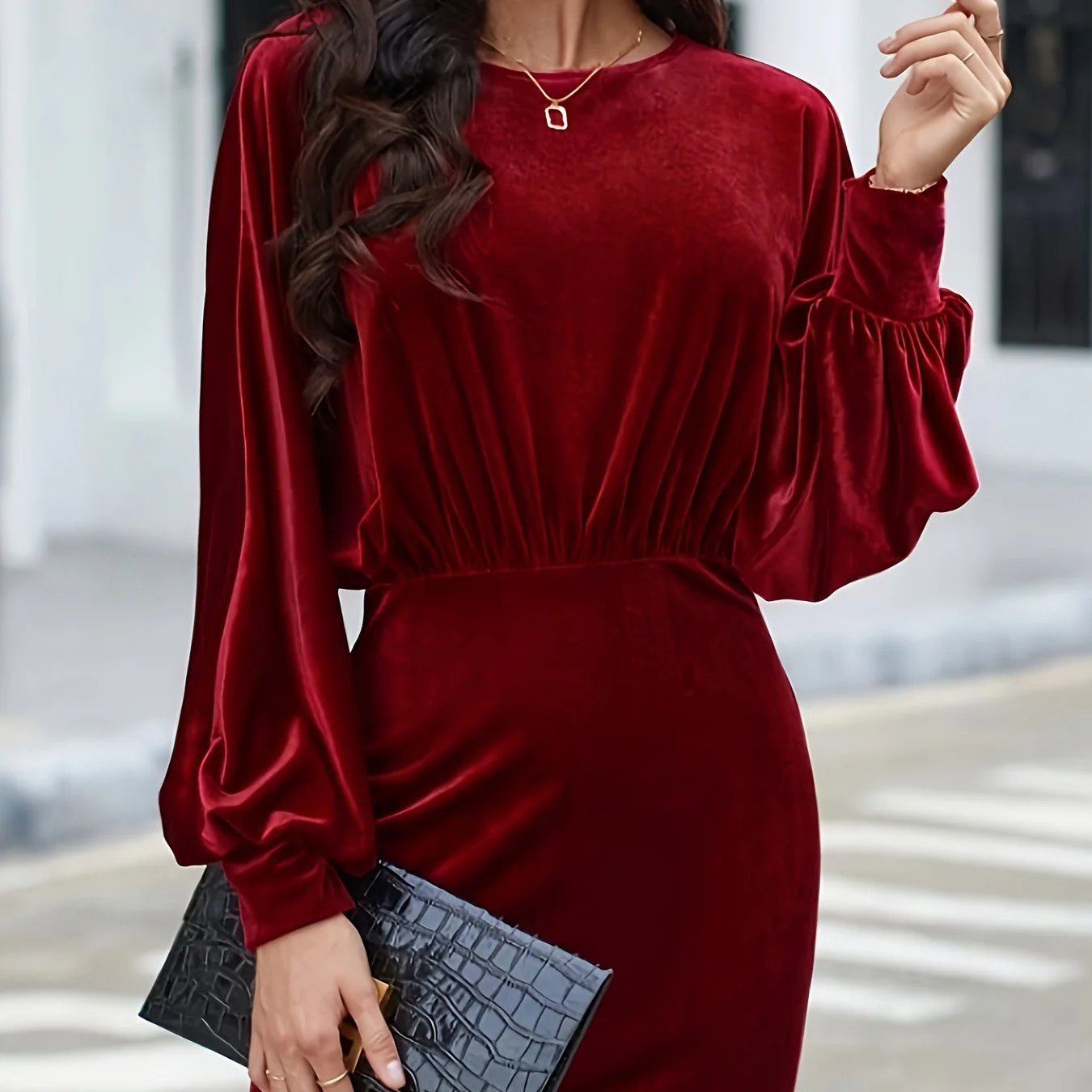 deanwangkt-1 Solid Bodycon Knee Length Dress, Elegant Long Sleeve Crew Neck Dress, Women's Clothing - Deanwangkt