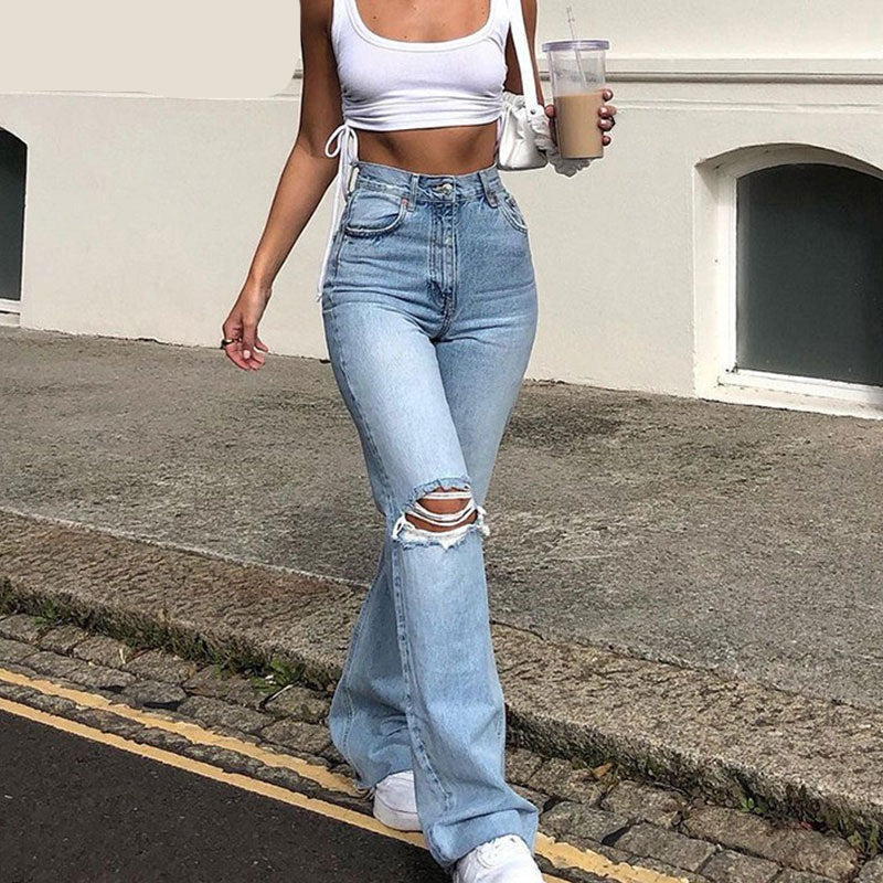 deanwangkt Y2k Blue Ripped Baggy Flare Pants Women High Waist Harajuku Wide Leg Denim Jeans Mom Female Streetwear Harajuku Trousers - Deanwangkt