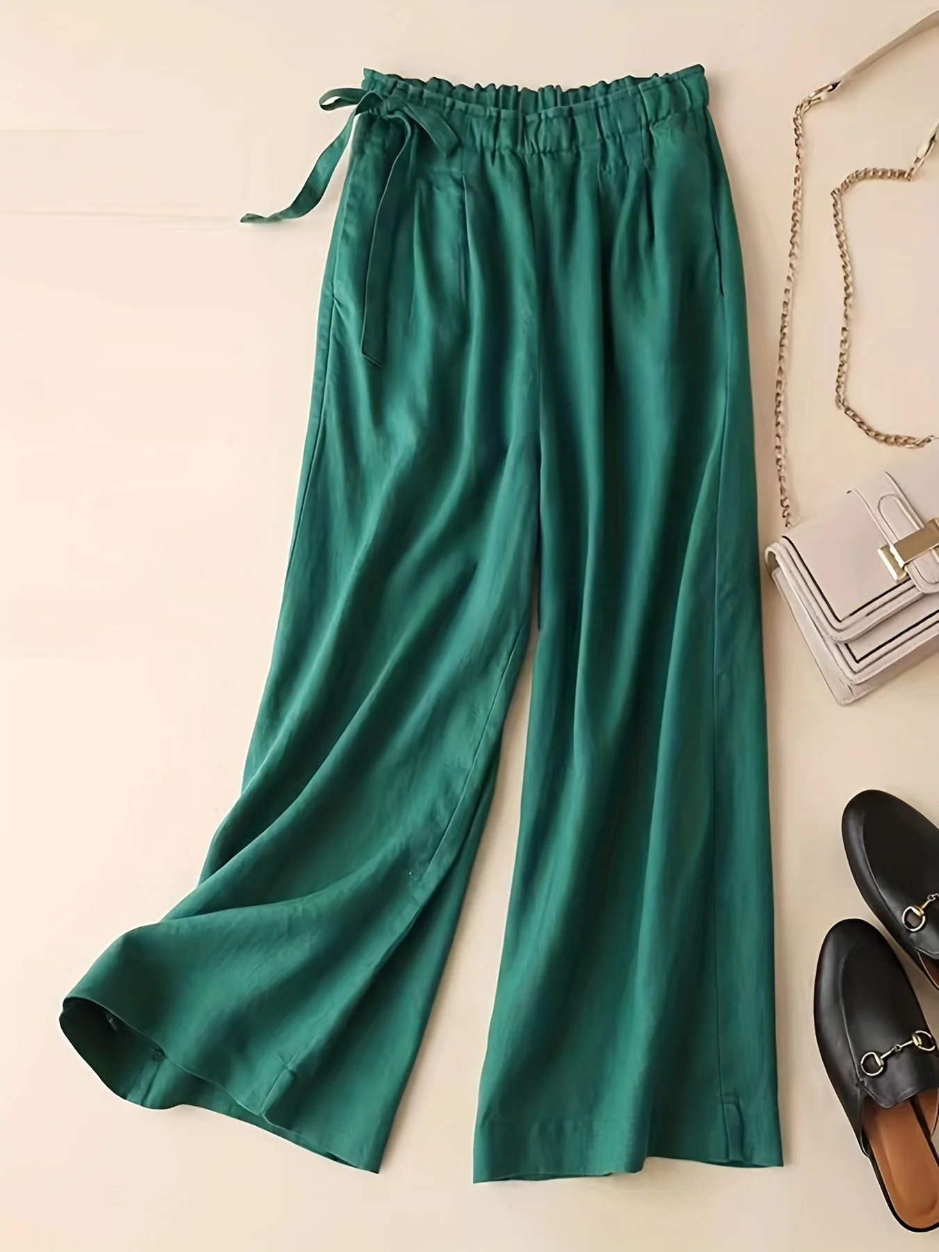 deanwangkt-1  Solid Elastic Waist Pants, Casual Wide Leg Simple Summer Pants, Women's Clothing - Deanwangkt