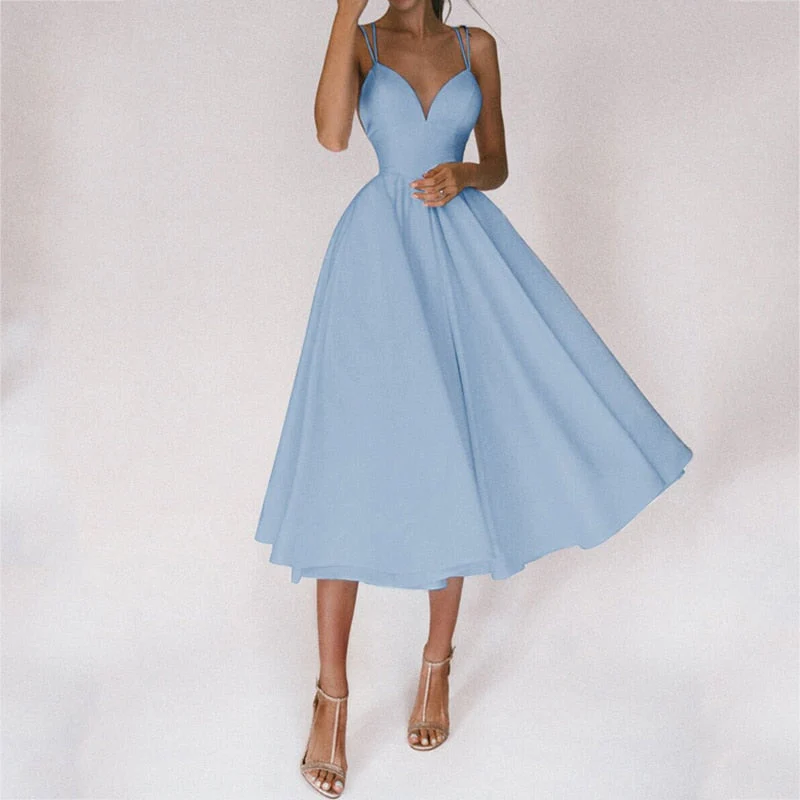 DEANWANGKT  Women Sexy Ball Gown Prom Dresses New Lady Solid V Neck Backless Party Slip Casual Summer Elegant Slim Vestido - Deanwangkt