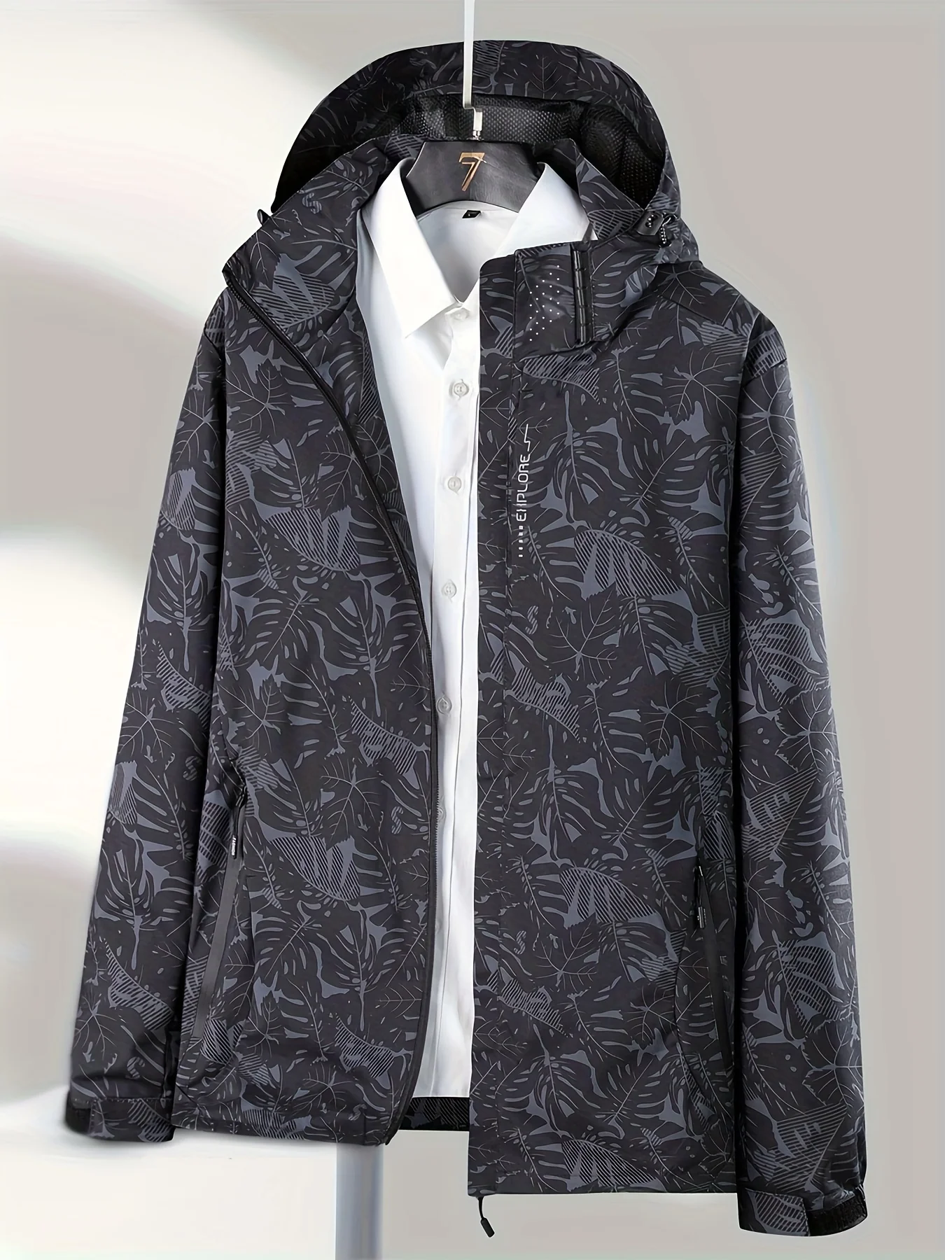 Leaf Print Outdoor Jacket With Removable Hood, Women's Windproof & Rainproof Jacket, Women's Outdoor Clothing - Deanwangkt