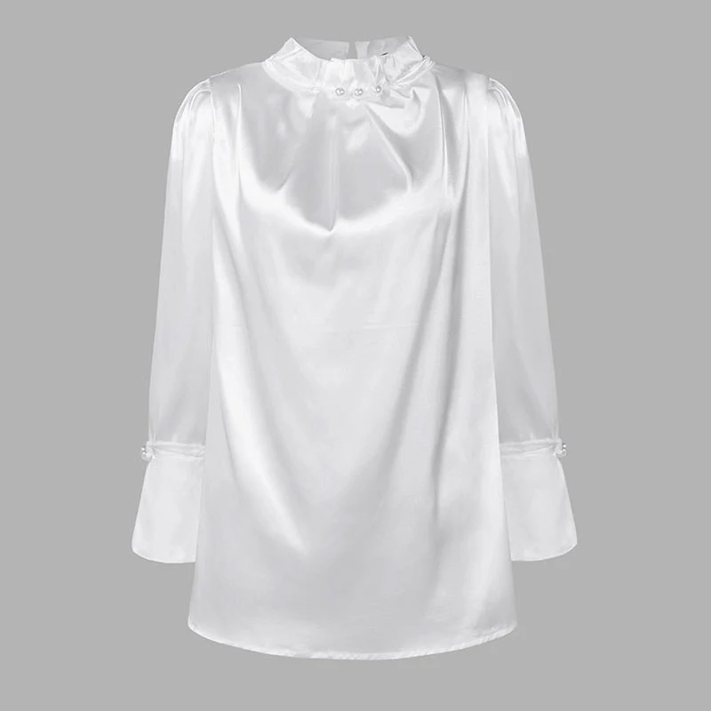 Women Satin Blouses Elegant Long Sleeve Silk Tops  Pearl Stand Collar Female Office Shirts Solid Casual Party Blusas - Deanwangkt
