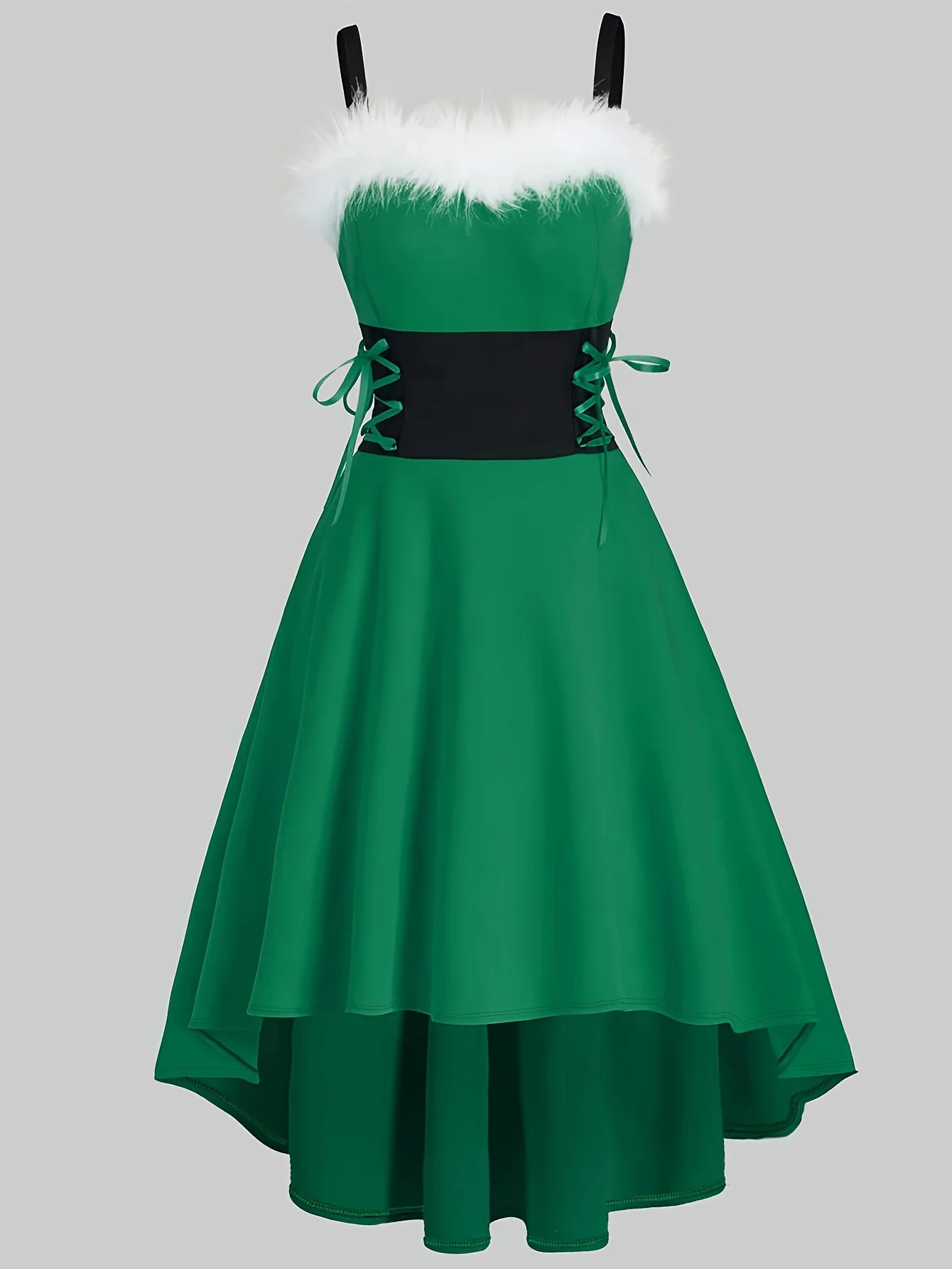 Christmas Faux Fur Trim Cami Dress, Lace Up High-low Backless Dress, Women's Clothing - Deanwangkt