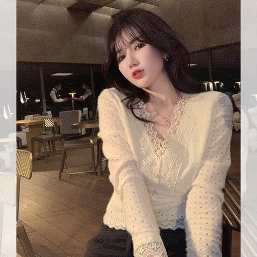 deanwangkt Lace V-Neck Blouse Women  Spring Long Sleeve Party Sexy Base Shirt Female Korea Style Elegant Office Lady Slim Tops - Deanwangkt