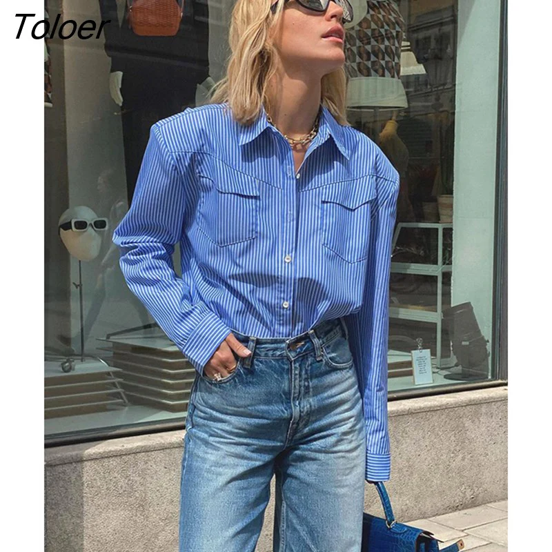 deanwangkt Streetwear Striped Shirts Fashion Lady Long Sleeve Spring Blouse Women Long Sleeve Lapel Shoulder Pads Blue All-Match Tops - Deanwangkt