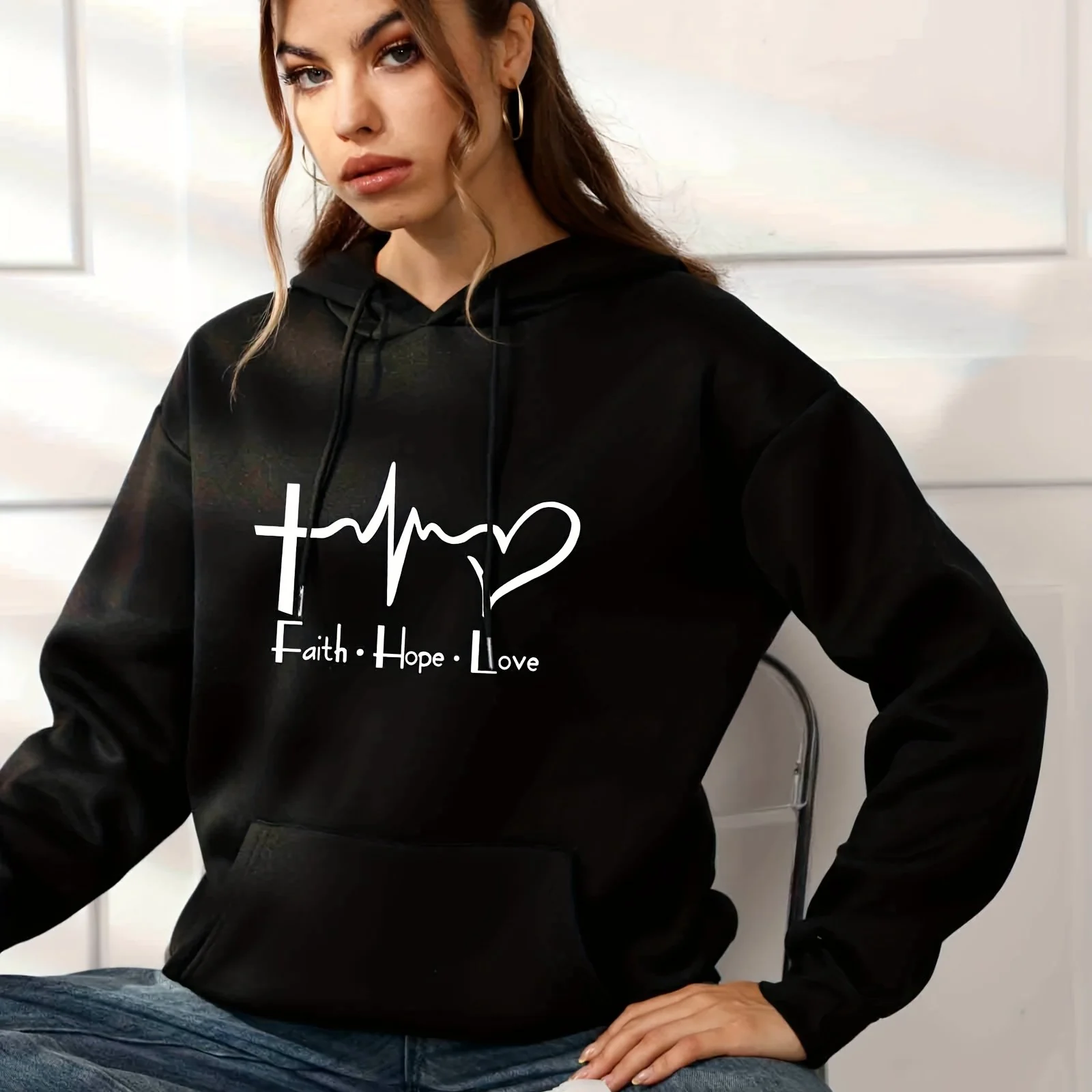 deanwangkt-1  Faith Hope And Love  Letter Hooded Sweatshirt With Front Pocket, Long Sleeve Causal Sports Drawstring Hoodie, Women's Sporty Sweatshirts - Deanwangkt