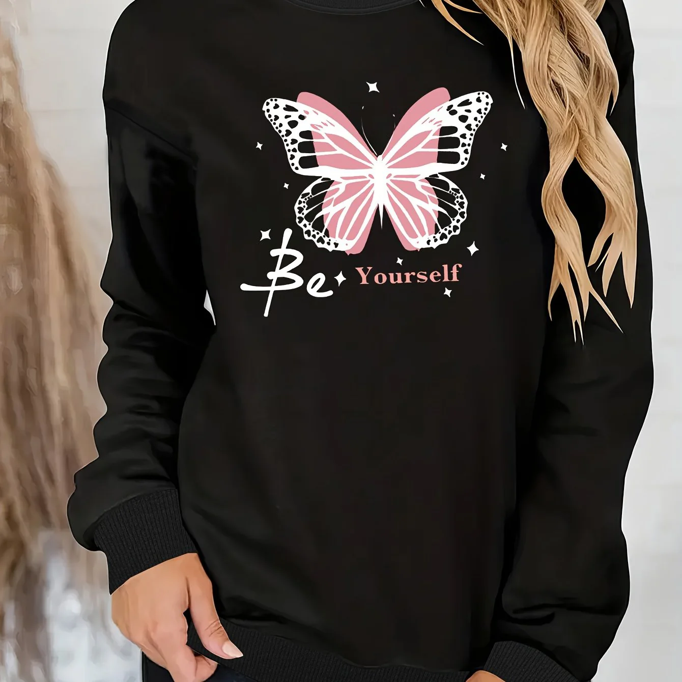 deanwangkt Butterfly & Be Yourself Print Sweatshirt, Winter & Fall Crew Neck Casual Sweatshirt, Women's Clothing - Deanwangkt