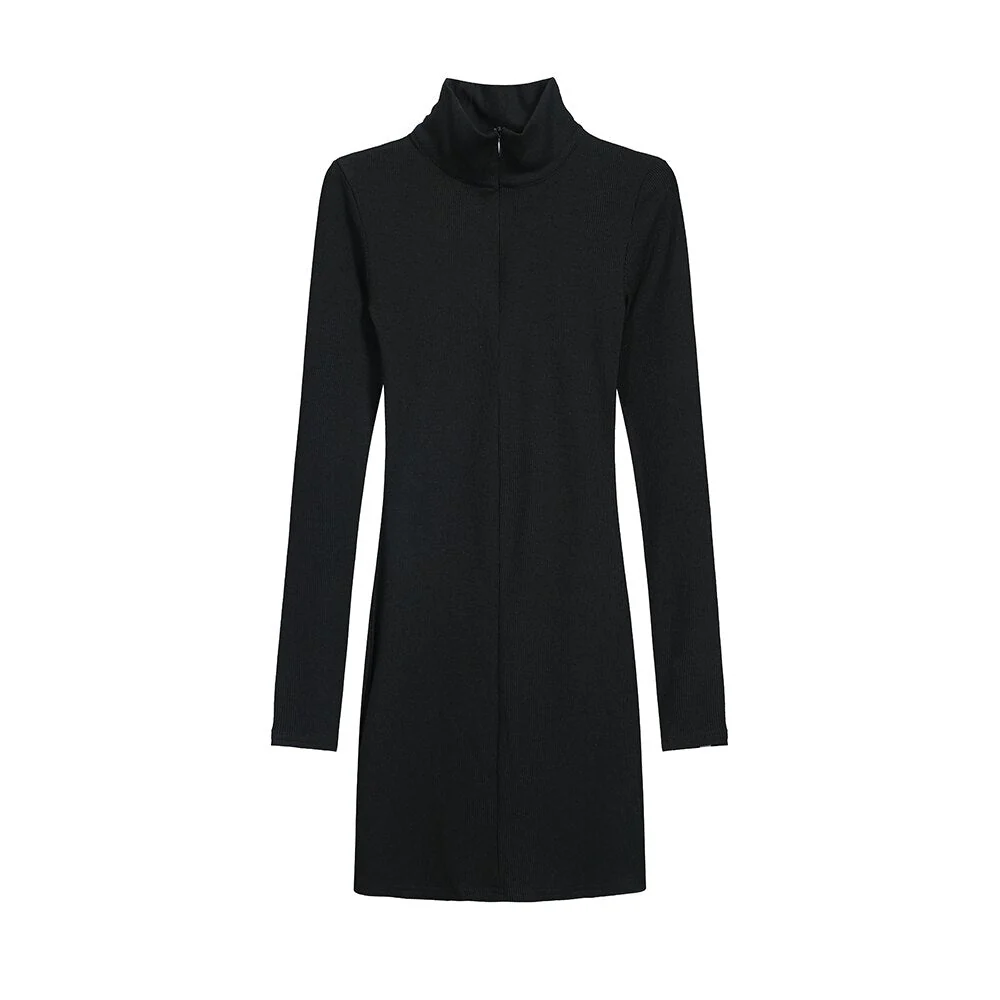 deanwangkt Elegant Fashions Autumn Winter Black Bodycon Dress Women Turtleneck Manners Slim Ribbed Knitted Long Sleeve Mini Dress Vestido - Deanwangkt