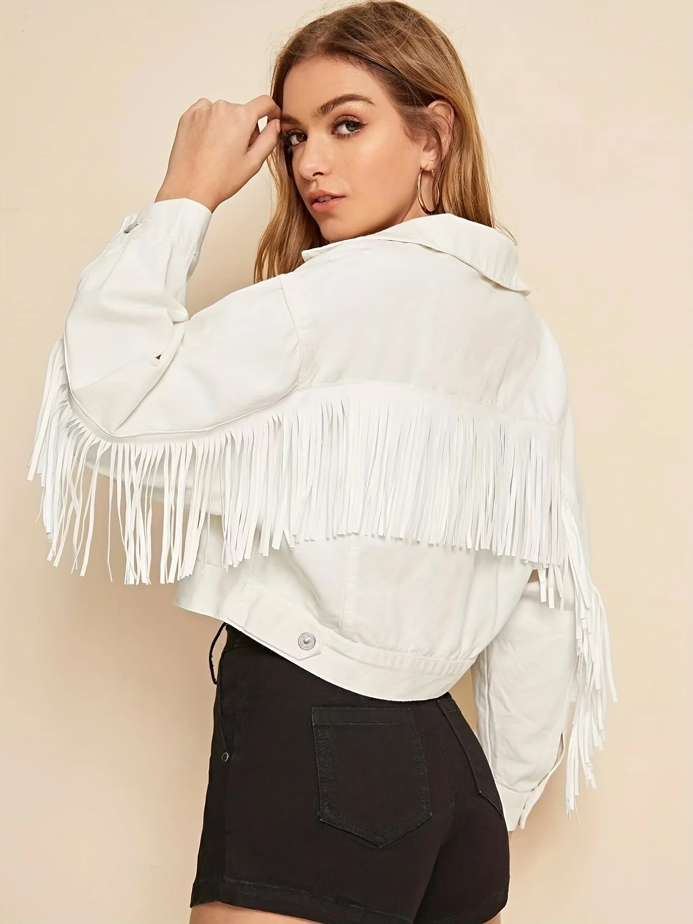 deanwangkt-1  White Fringe Trim Decor Denim Jackets, Long Sleeves Flap Pockets Lapel Denim Coats, Women's Denim Clothing - Deanwangkt