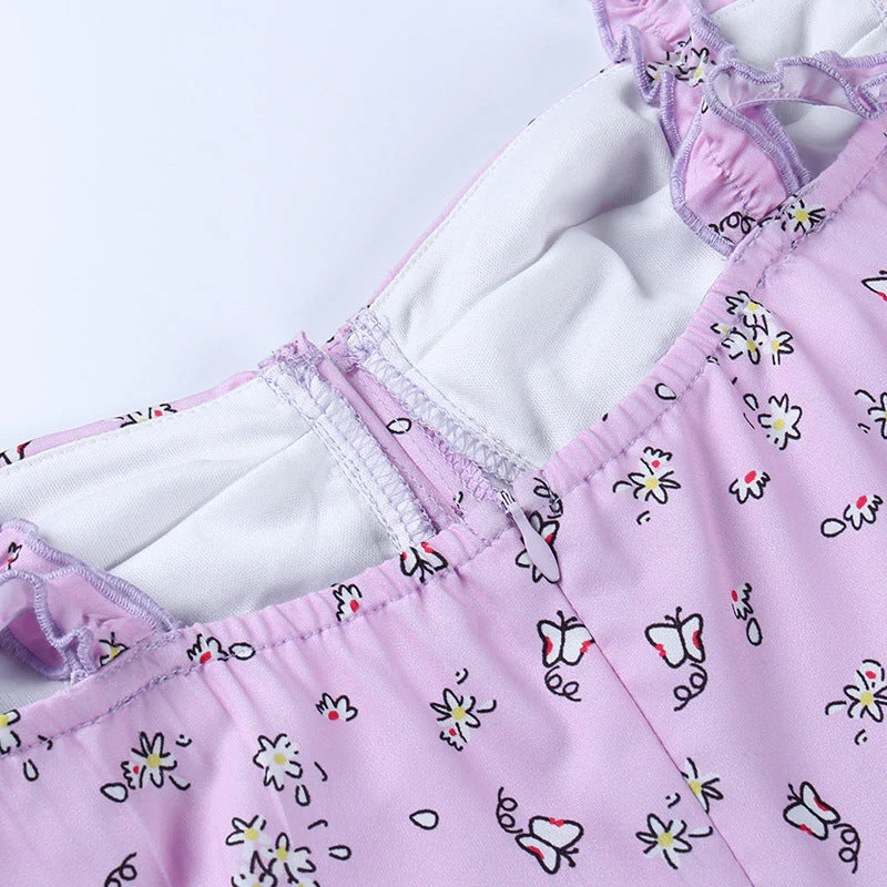 deanwangkt Forefair Floral Print Corset Spaghetti Strap Dresses Women Sexy Backless Spring Summer Ruffle Casual Vintage Mini Dress  Summer Fairy Dress - Deanwangkt