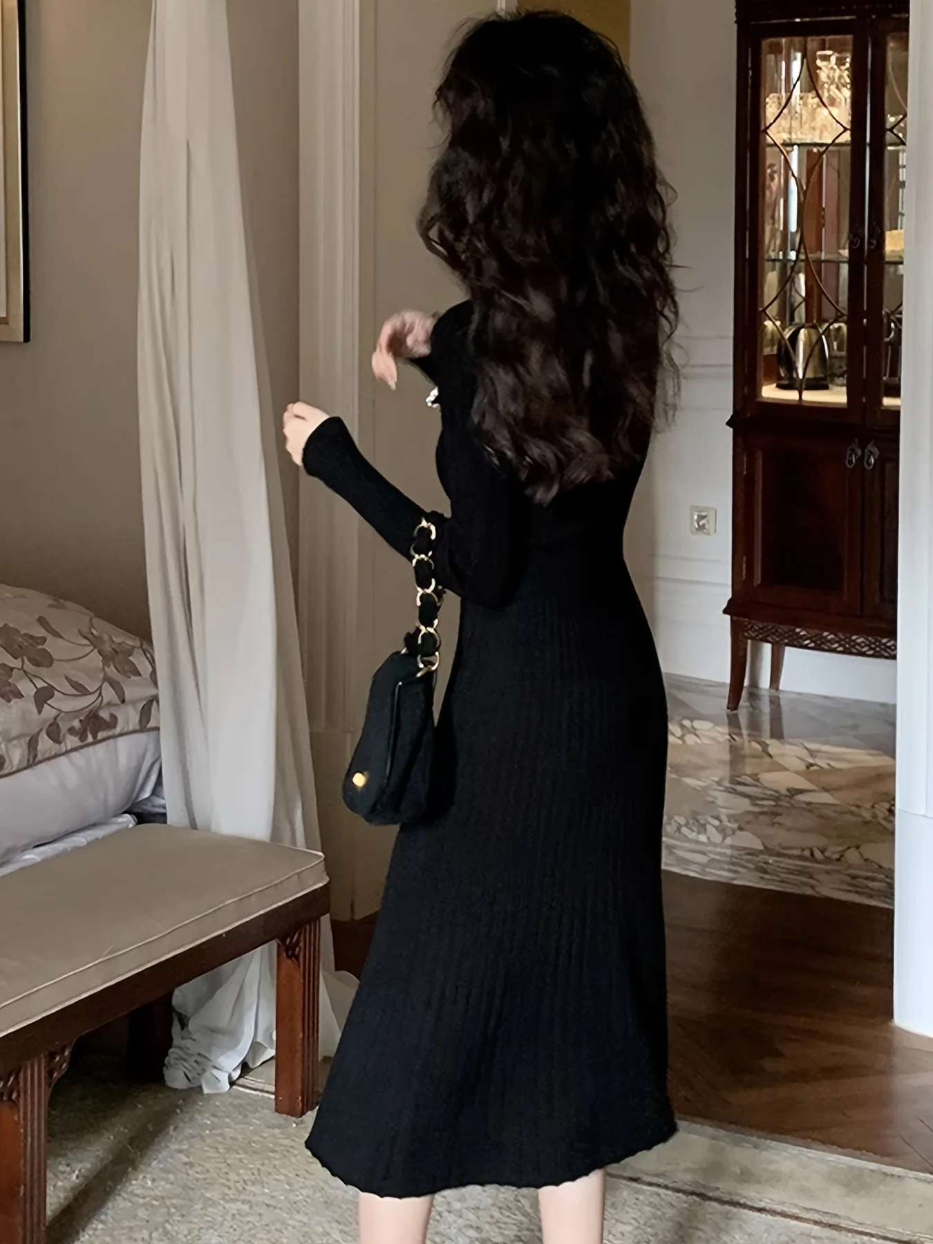 Button Front High Waist Dress, Elegant Long Sleeve Midi Dress, Women's Clothing - Deanwangkt