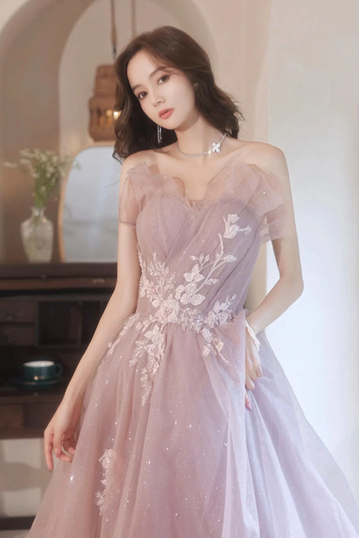 solvbao Pink Tulle Lace Long Prom Dresses, A-Line Evening Dresses - Deanwangkt