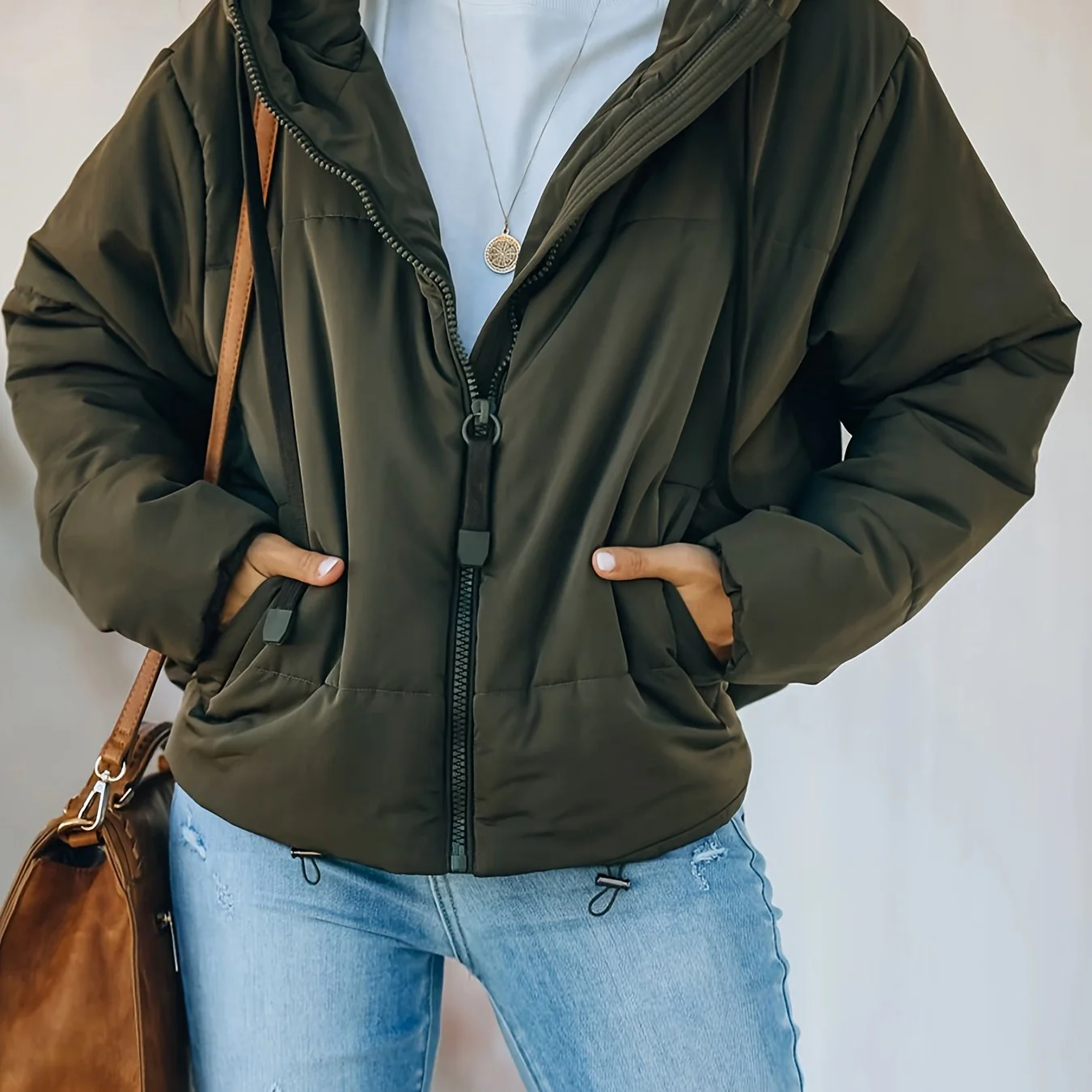 Zip Up Drawstring Coat, Casual Long Sleeve Hooded Winter Outerwear, Women's Clothing - Deanwangkt