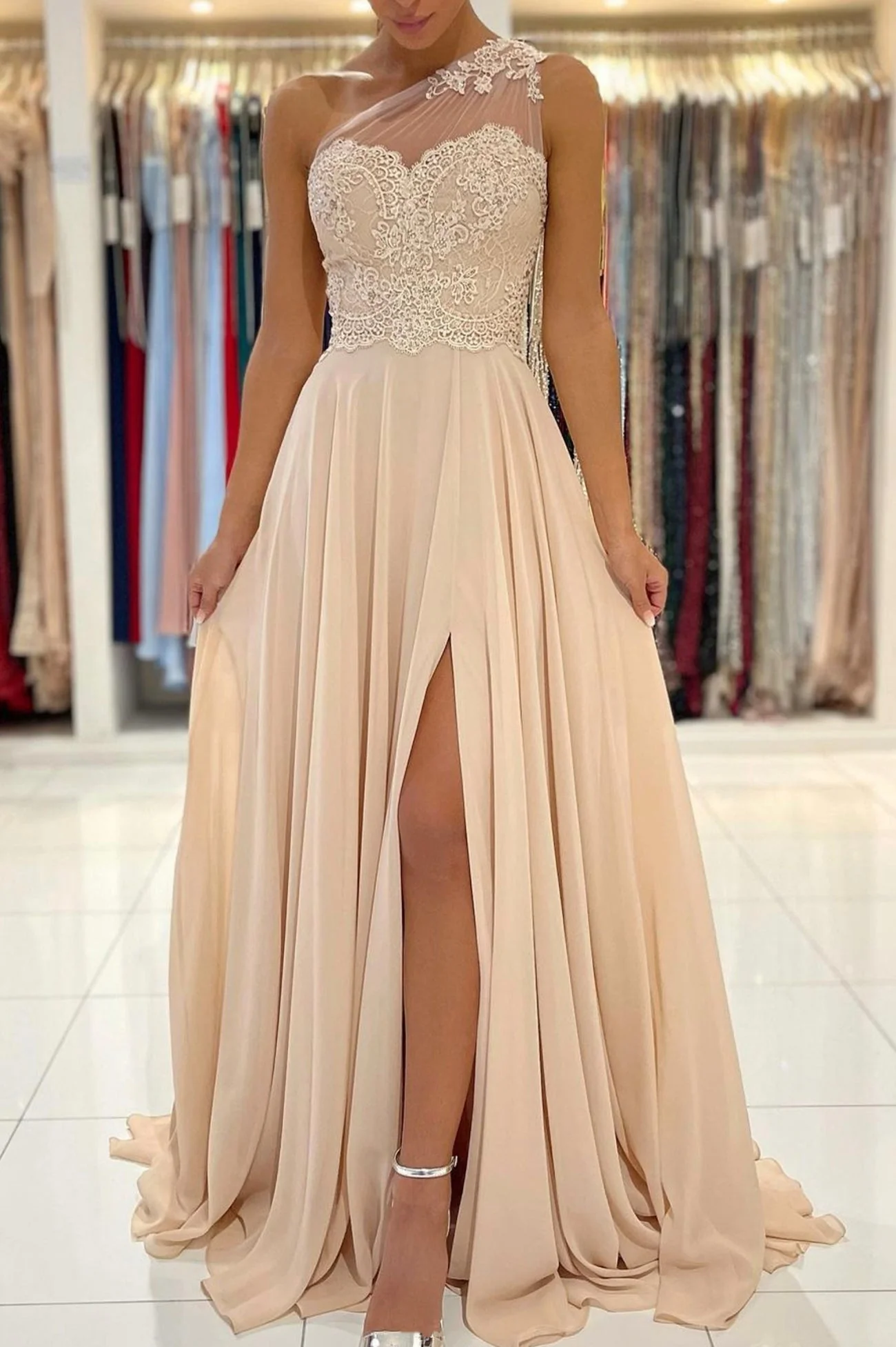 solvbao Champagne Chiffon Long Prom Dresses, One Shoulder Evening Dresses - Deanwangkt