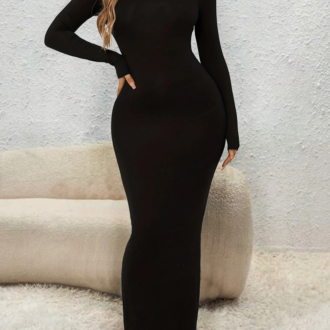 Simple Solid Lounge Dresses, Long Sleeve Crew Neck Slim Fit Home Dress, Women's Loungewear & Dresses - Deanwangkt