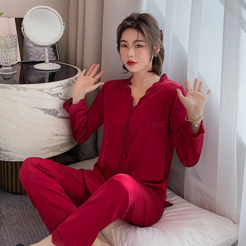New Women's Pajamas Set Vintage V Neck Lace Sleepwear Silk Like Nightie Leisure Home Clothes Nightwear Pyjamas Femme - Deanwangkt