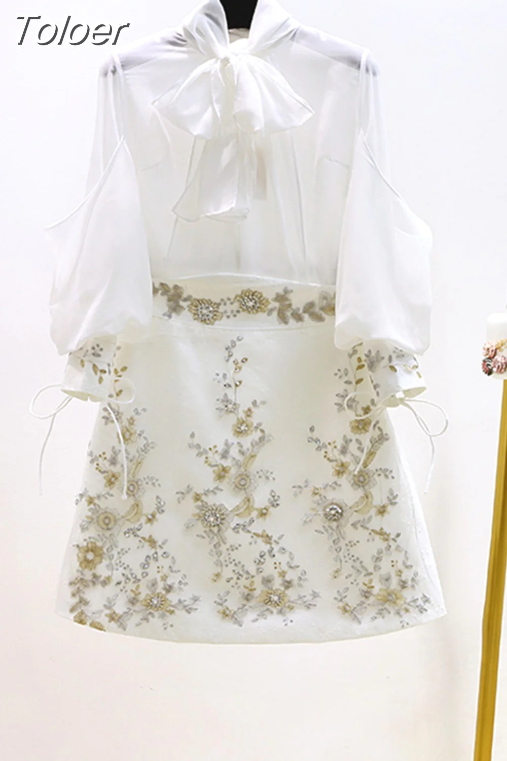 deanwangkt Autumn Skirt Suits Women's Sets Fashion Lantern Sleeve Bows Chiffon Blouses Tops + Vintage Beaded Flower Appliques Skirts - Deanwangkt