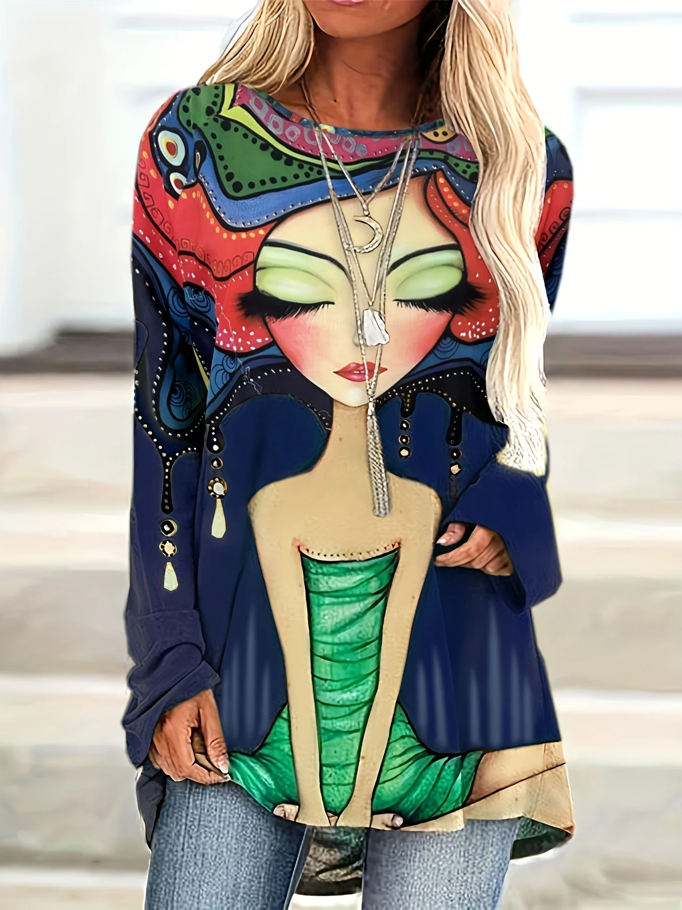 Plus Size Casual Top, Women's Plus Cartoon Figure Print Long Sleeve Round Neck Slight Stretch Top - Deanwangkt