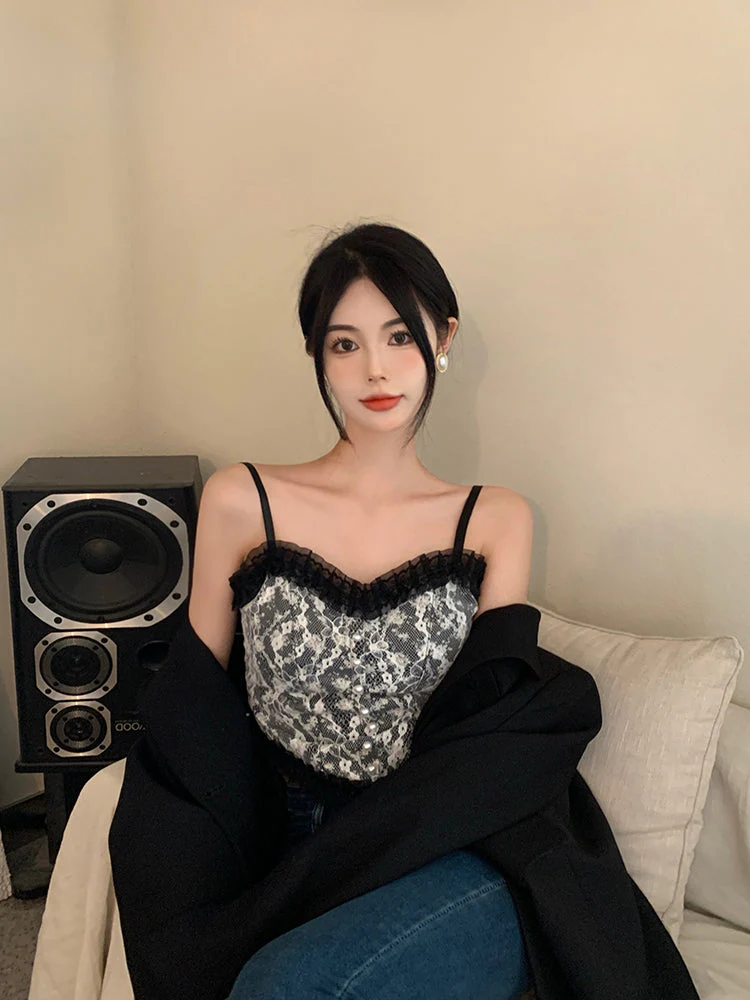 deanwangkt Women Vintage Camisole Summer Floral Chic Korean Girls Single-breasted Pearl Button Lace Crop Top Camisoles For Women Streetwear - Deanwangkt