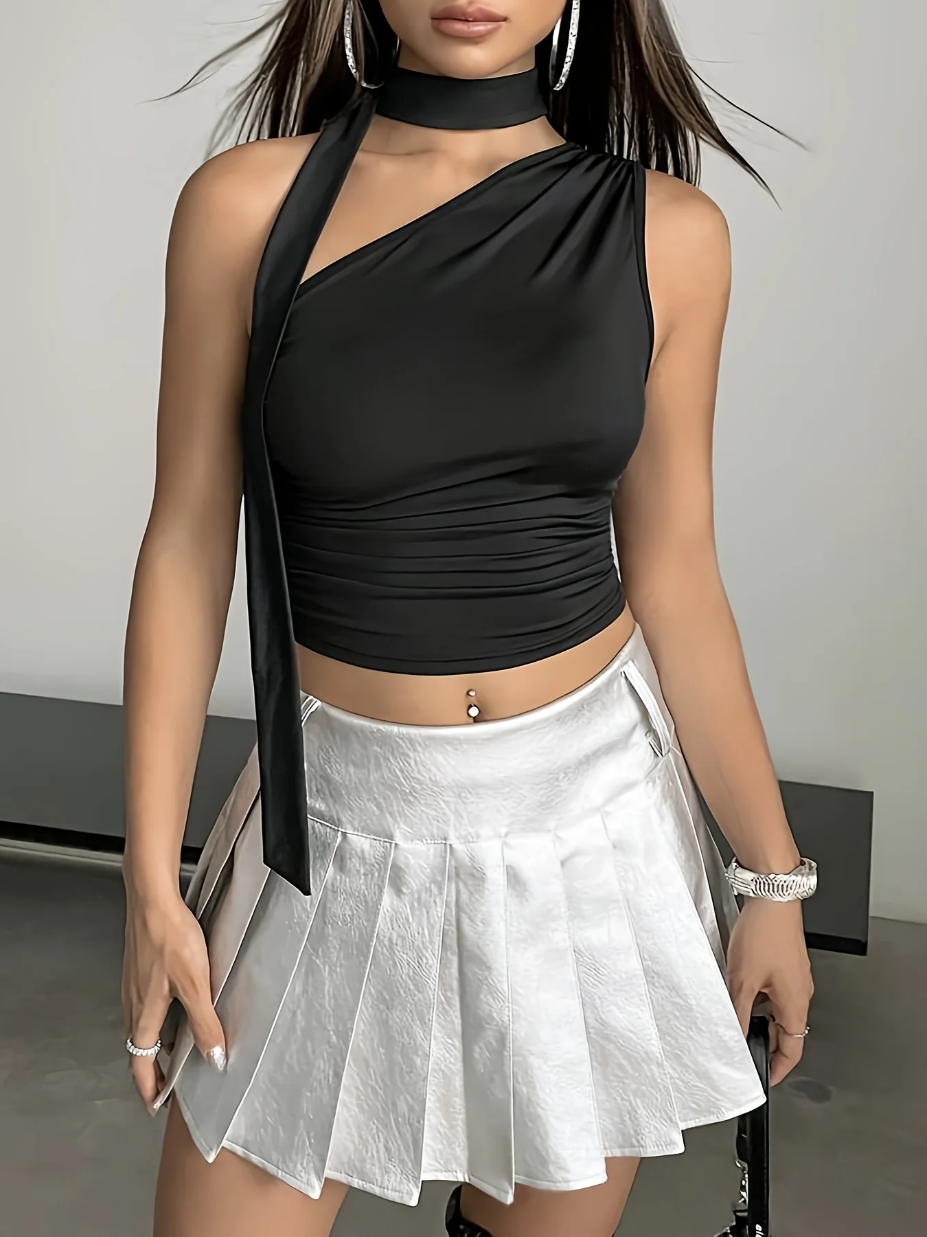 deanwangkt  Solid One Shoulder Ruched Crop T-shirt, Asymmetrical Neck Sleeveless Top, Women's Clothing - Deanwangkt