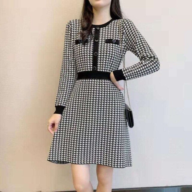 Runway Fall Winter Korean Women's Long Sleeve Vintage Houndstooth Plaid Elegant O Neck Knitted Sweater Dresses Vestidos - Deanwangkt