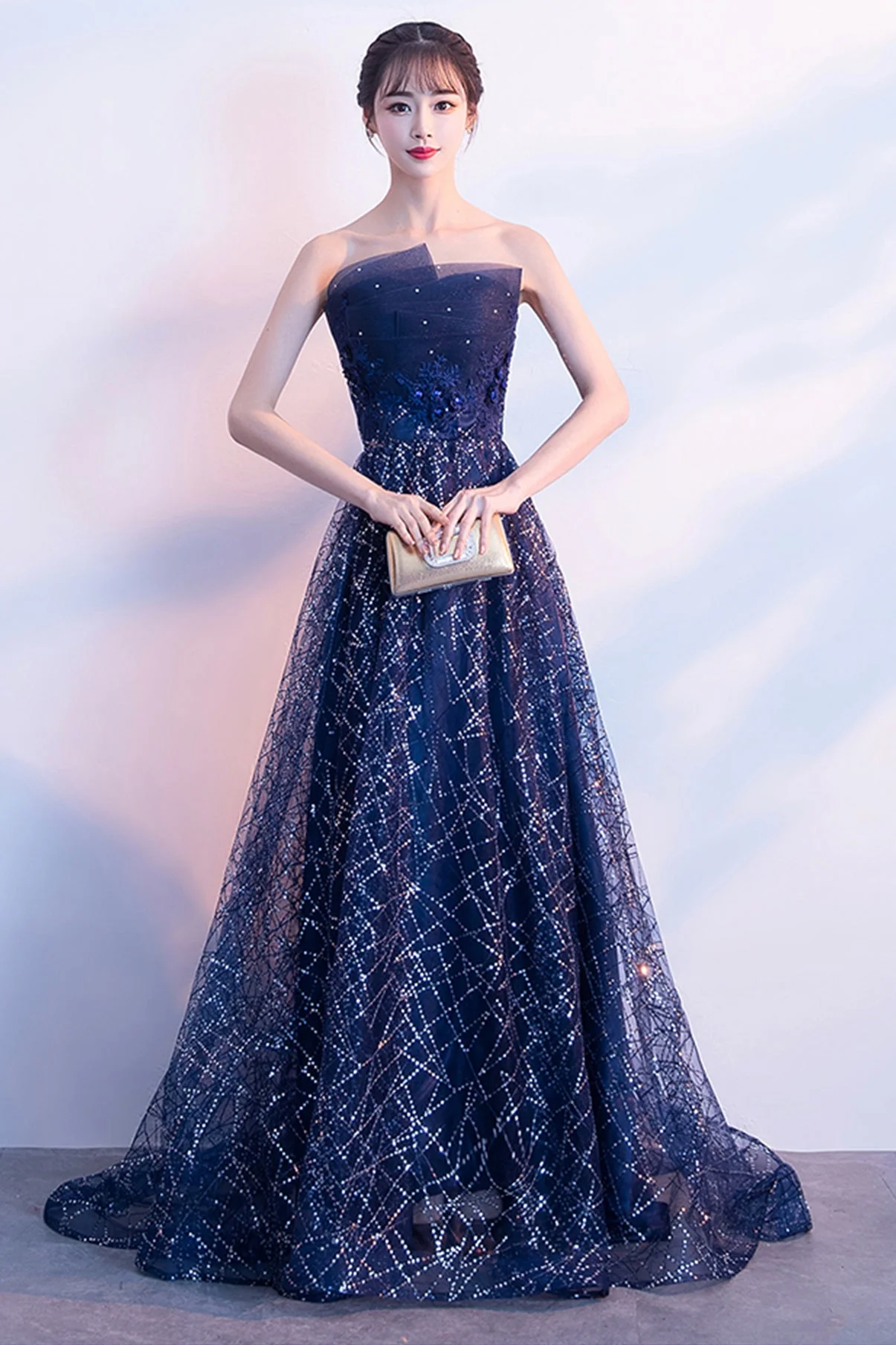 solvbao Blue Tulle Sequins Long Prom Dresses, A-Line Strapless Evening Dresses - Deanwangkt