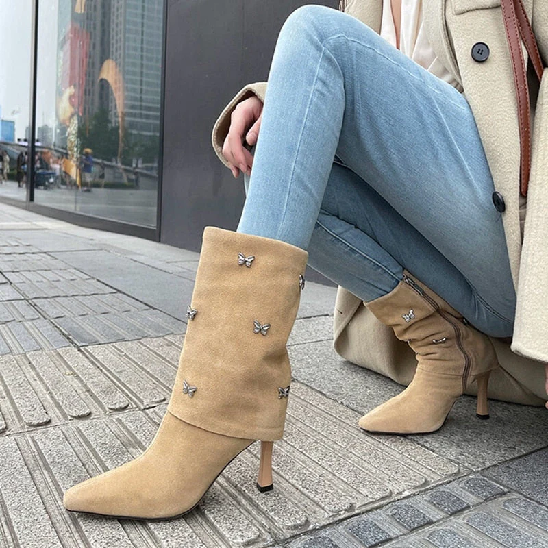 deanwangkt Autumn Shoes     Autumn Boots Women Cow Suede Leather Shoes for Women Square Toe Trouser Boots Bow-knot Thin Heel Shoes Black Western Boots - Deanwangkt