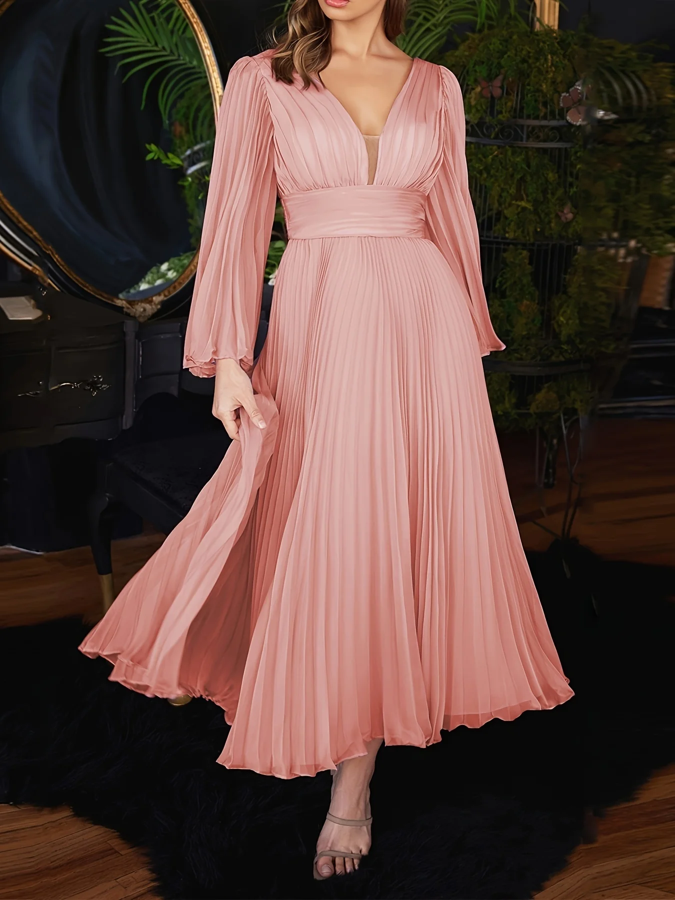 deanwangkt-1  Pleated Backless Solid Dress, Elegant V Neck Long Sleeve Party Dress, Women's Clothing - Deanwangkt