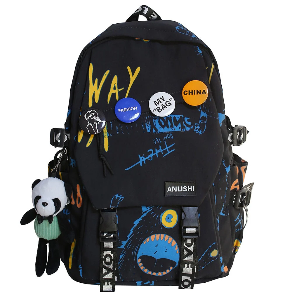 Cool Women Men Graffiti Pattern Trendy Backpack Lady Travel Badge Backpack Harajuku Bag Female Male College Girl Boy Student Bag - Deanwangkt