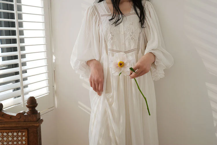 Hanxiuju Delicate Vintage Embroidery Cotton Women's Long Nightgowns Luxury Sleepwear Elegant Loose Nighty Spring Autumn Dress - Deanwangkt