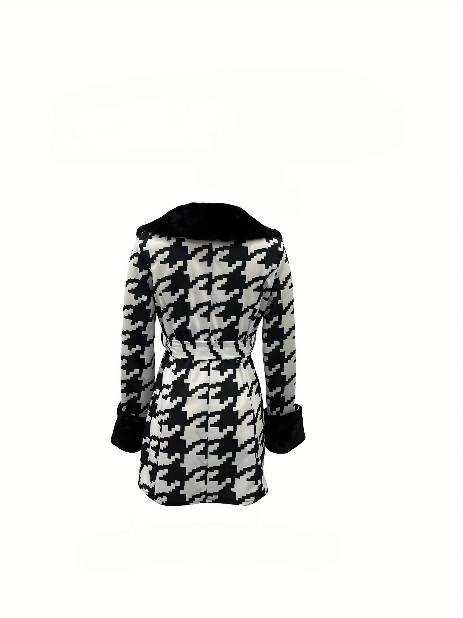 Houndstooth Faux-Fur Trim Outwear, Elegant Double Breasted Long Sleeve Belted Coat For Winter, Women's Clothing - Deanwangkt