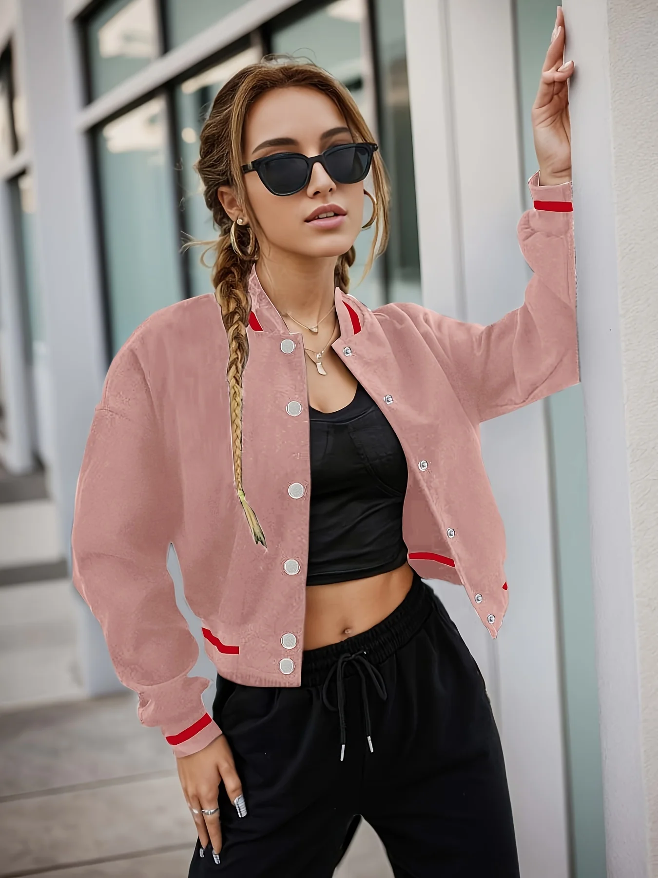 Striped Bomber Jacket, Casual Button Front Long Sleeve Outerwear, Women's Clothing - Deanwangkt