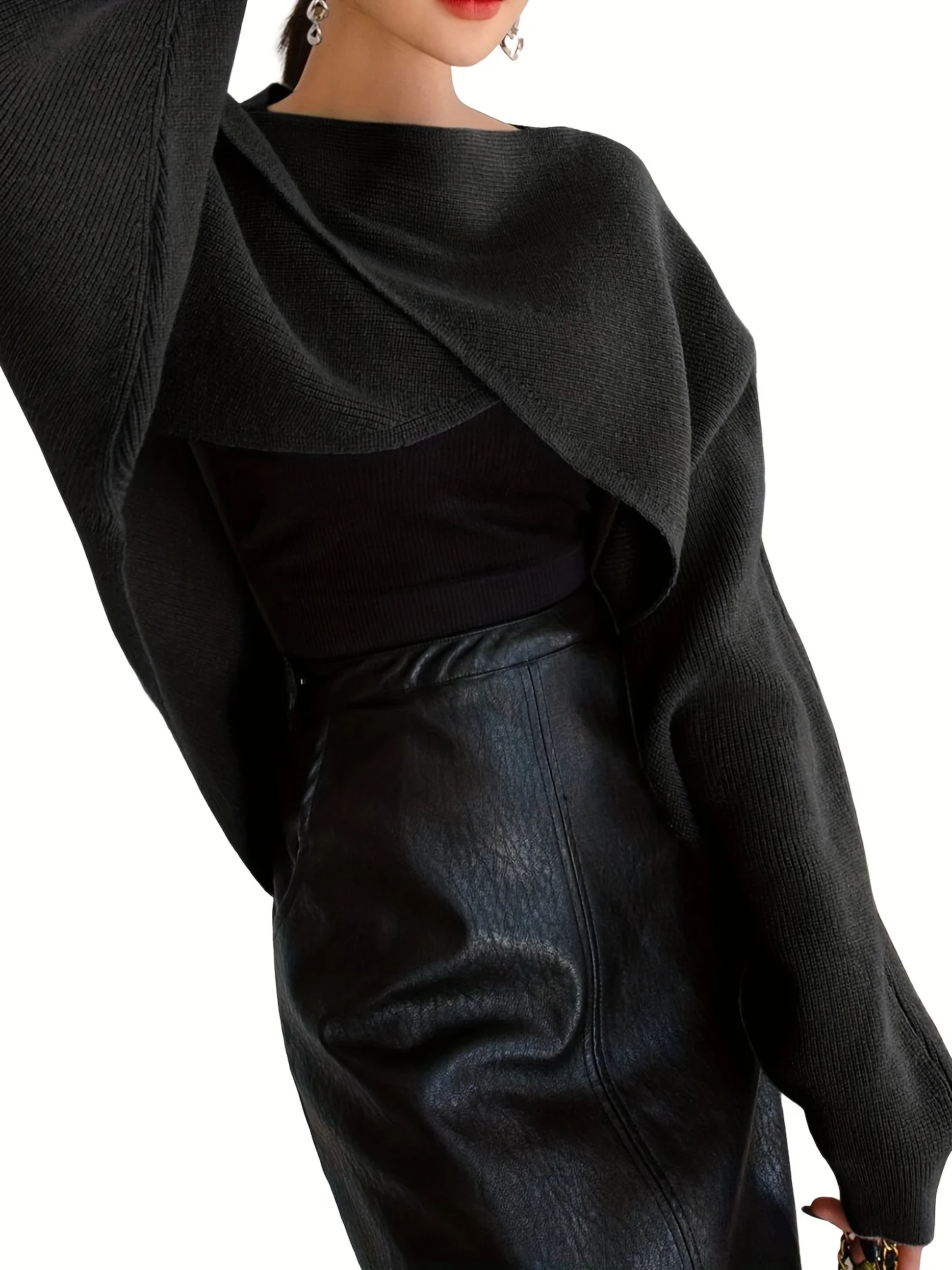 deanwangkt-1  Solid Cross Front Crop Sweater, Elegant Batwing Sleeve Sweater For Spring & Fall, Women's Clothing - Deanwangkt