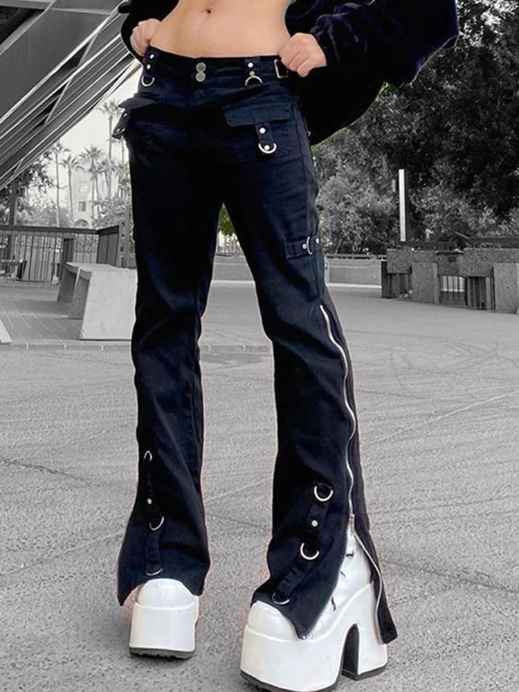 deanwangkt Emo Dark Cyber Y2k Pants Hippie Cargo Bodycon Gothic Punk Alt Baggy Jeans Rivets Black Women Goth Hip Hop Kpop Academia Pants - Deanwangkt
