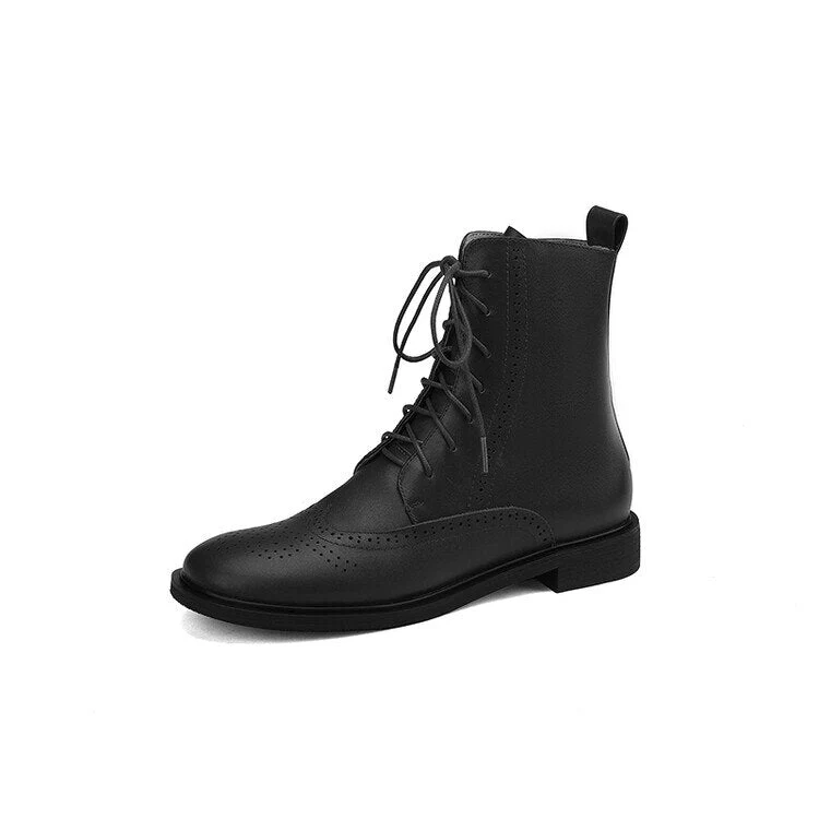 deanwangkt  fashion inspo    NEW Fall Shoes Women Round Toe Low Heel Shoes Winter Solid Genuine Leather Boots Women Hollow Brogues Ankle Boots Chelsea Boots - Deanwangkt