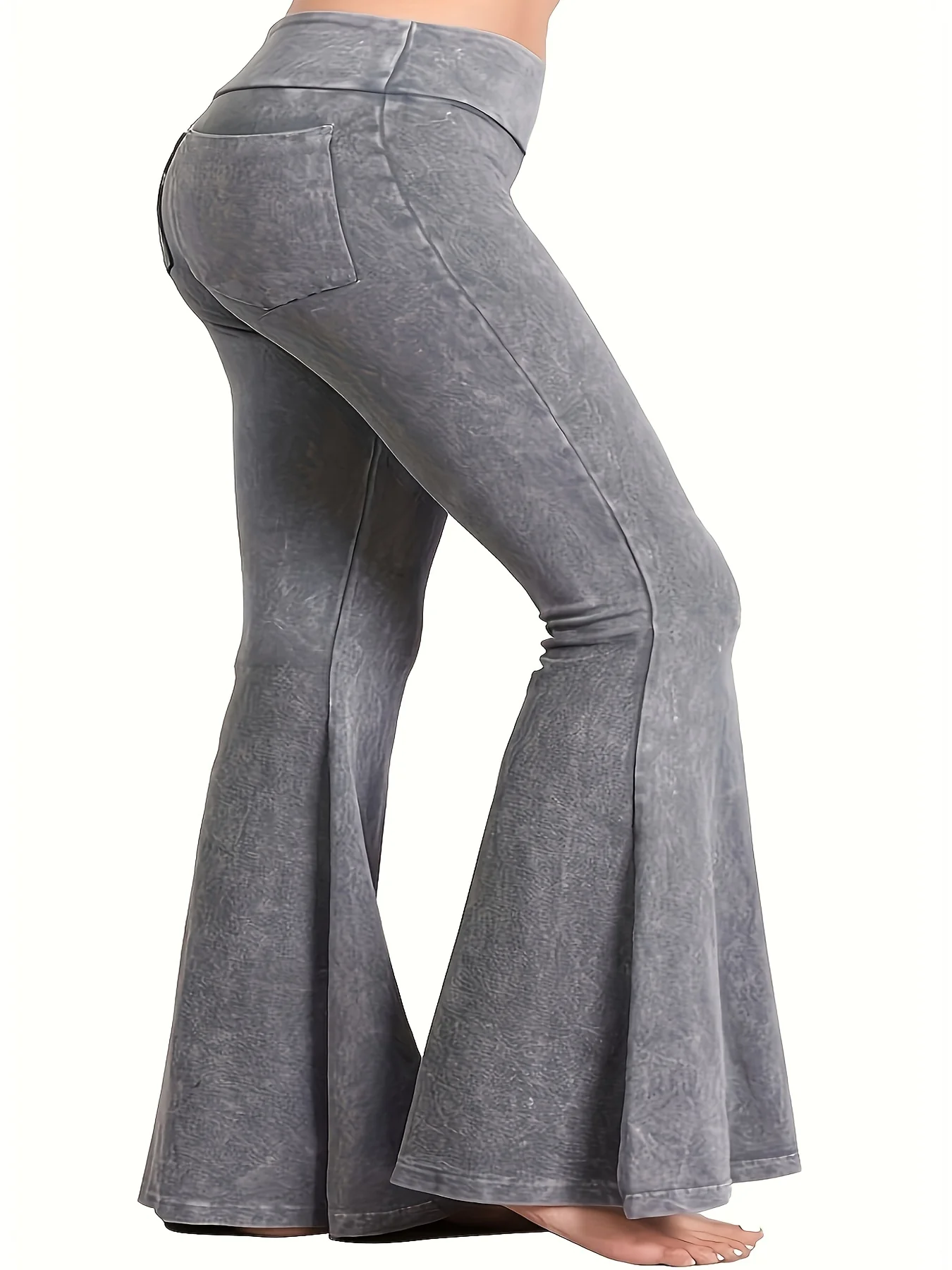 deanwangkt Plus Size Elegant Pants, Women's Plus Denim Print High Rise Stretchy Flare Leg Pants - Deanwangkt