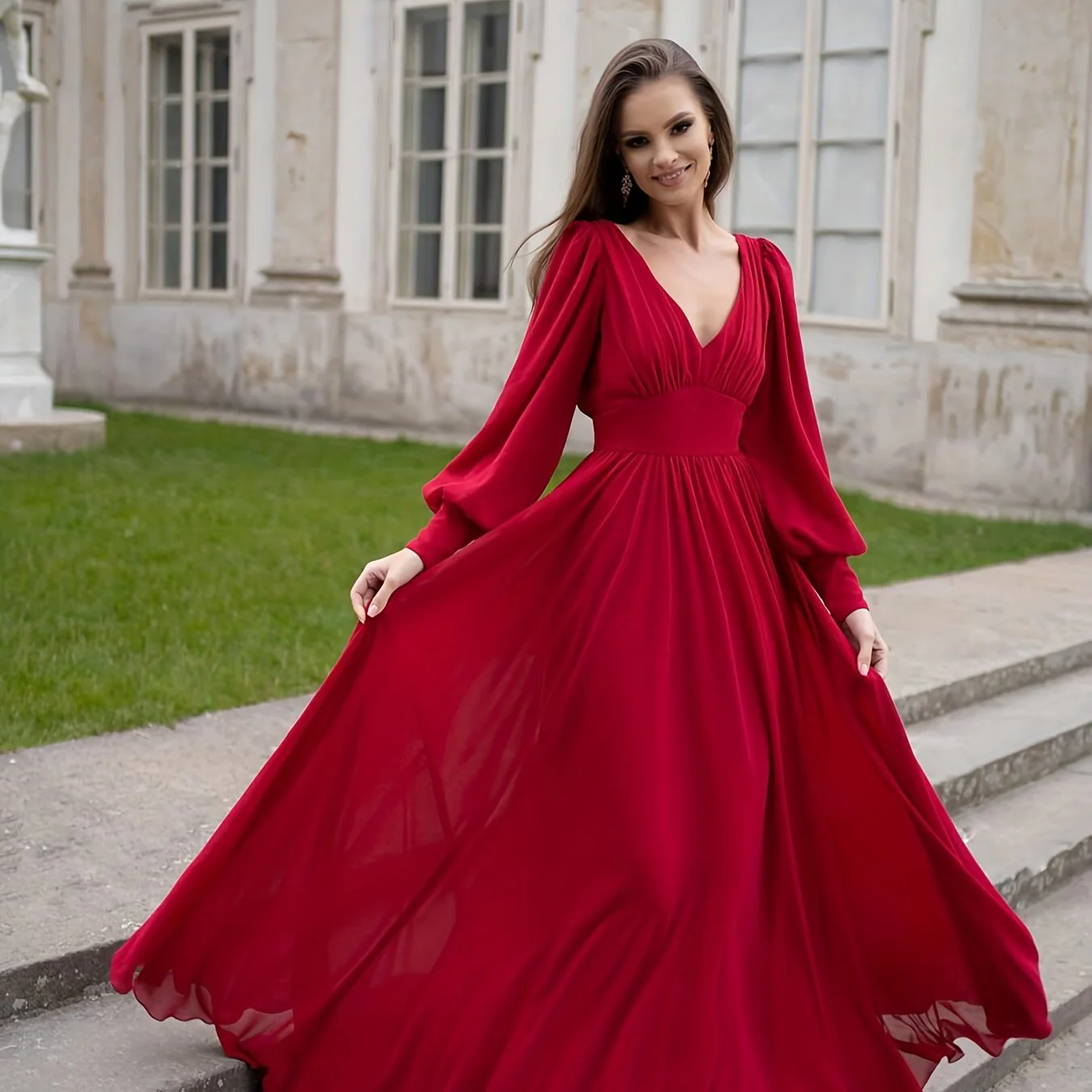 Ruched Plunging Solid Dress, Party Wear Long Sleeve Maxi Dress, Women's Clothing - Deanwangkt