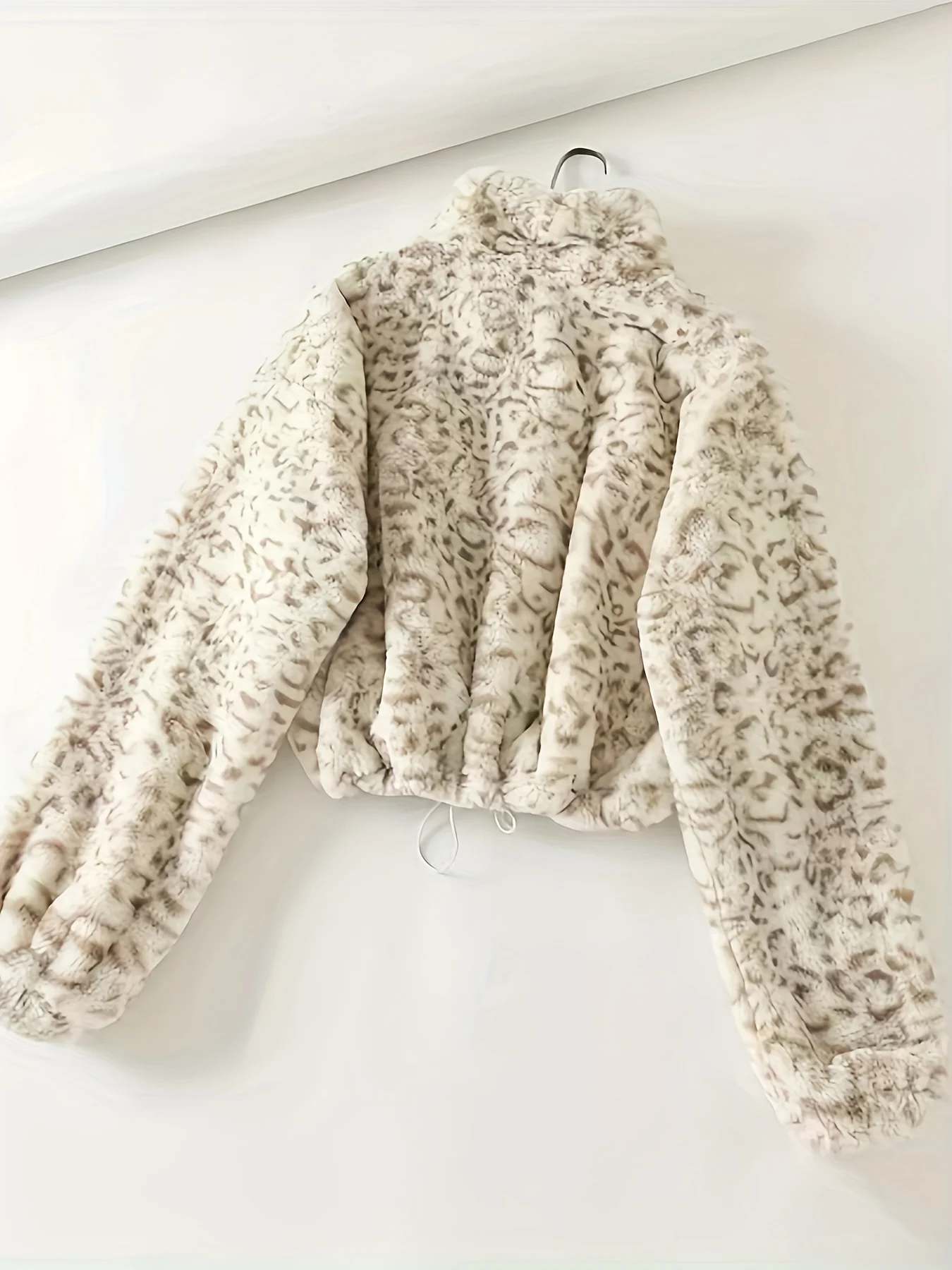 Leopard Plush Half Zipper Coat, Casual Long Sleeve Drawstring Crop Coat, Women's Clothing - Deanwangkt