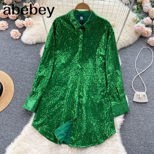 deanwangkt Blouse Shirts Long Sleeve Top Button Up Shirt Y2K Vintage Women Clothing Club Party Glitter Top Female Collared Shirt - Deanwangkt