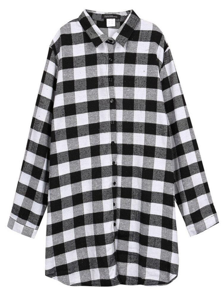 deanwangkt Women Plaid Casual Loose Fit Simple Long Sleeve Shirt - Deanwangkt