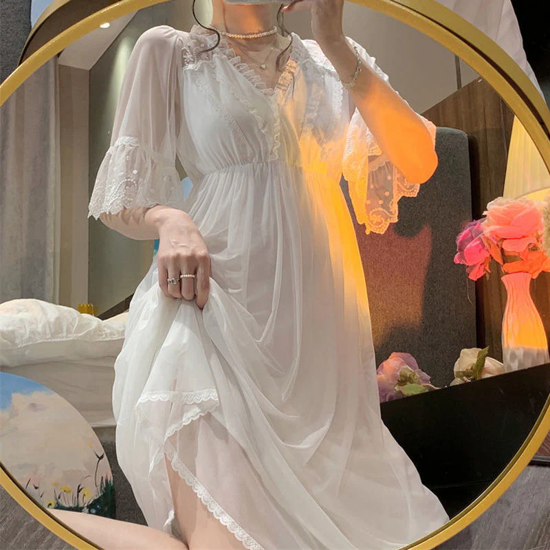 Sleepwear Women Nightwear Women's Sweet New Summer Long-sleeved Sexy Lace Home Clothes Night Gown Sleep Dress - Deanwangkt