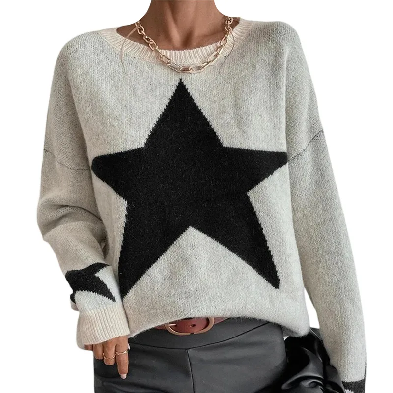 deanwangkt women loose knitted sweater Star Pattern Pullovers Ladies Round Collar Long Sleeve Knitwear Jumpers Y2k Clothes Streetwear - Deanwangkt