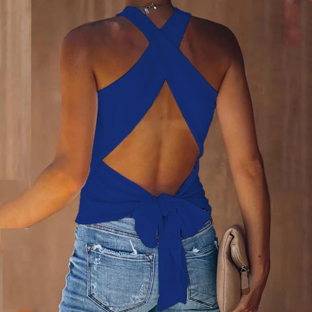 deanwangkt Summer Women Tank Top Casual Sleeveless Vest Tops Open Back Knotted Design Top Backless Bowknot Design Sexy Top Tank Tops - Deanwangkt