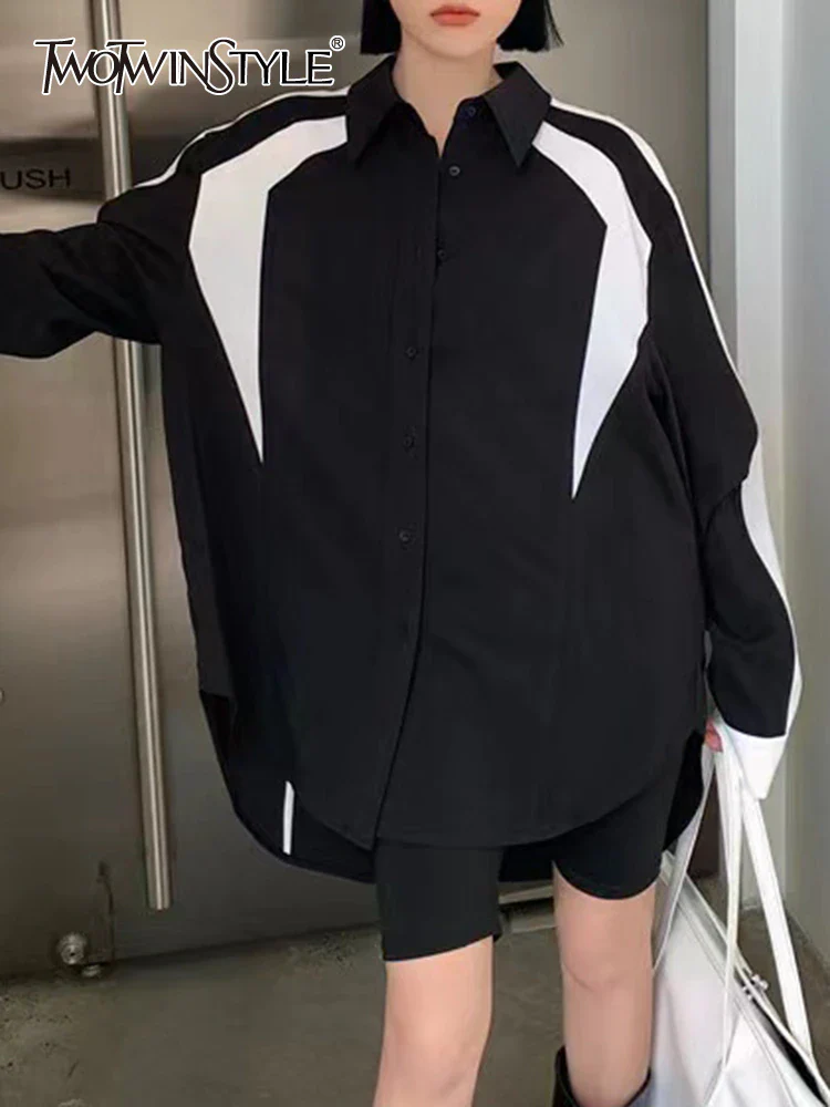 deanwangkt Straight Patchwork Colorblock Shirt For Women Lapel Long Sleeve Loose Casual Button Through Blouse Female Clothing - Deanwangkt