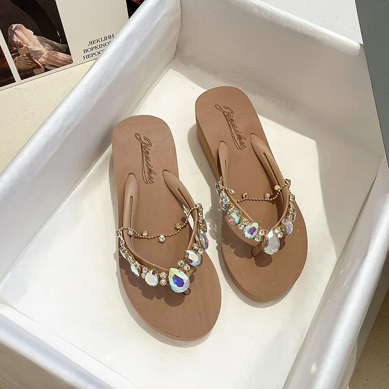 deanwangkt New Ins Rhinestone Chain Thick-soled Flip-flops Women Wear Beach Holiday Sandals and Slippers with Wedges Outside Summer. - Deanwangkt