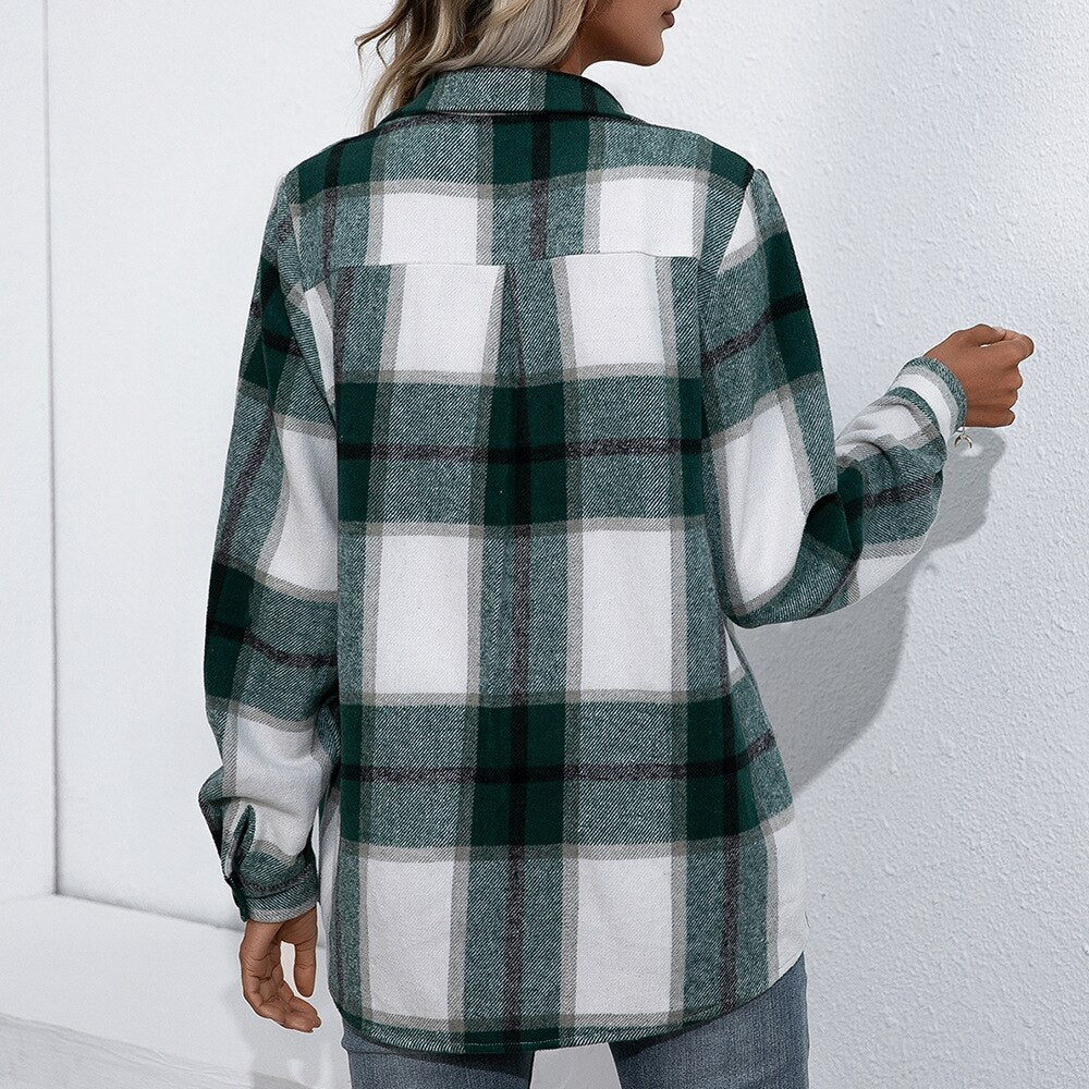 deanwangkt  Spring Autumn Women Coats Casual Loose Vingage Long Sleeve Shirts Turn-down Collar Single Breasted Outerwear Plaid Jackets - Deanwangkt